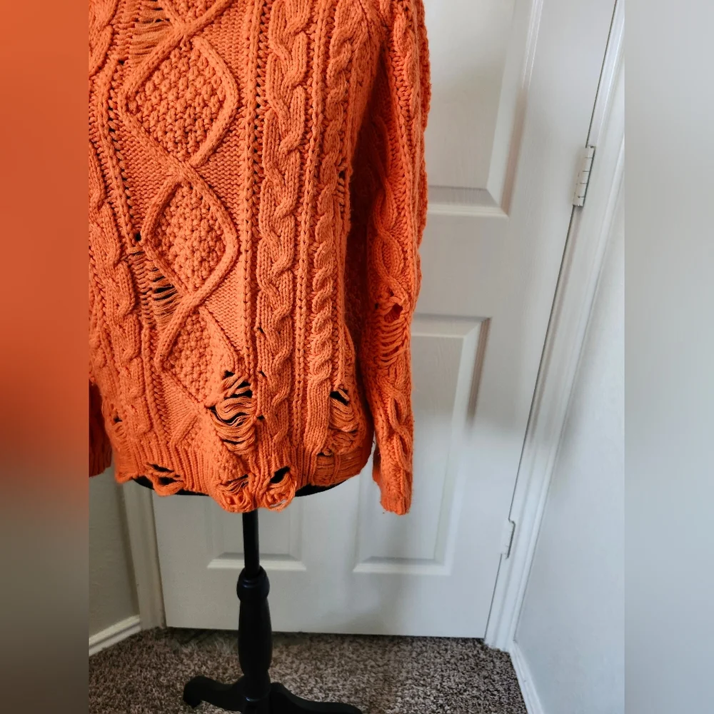 Boohoo Bright Orange Cable Knit Sweater Distressed Details S/M